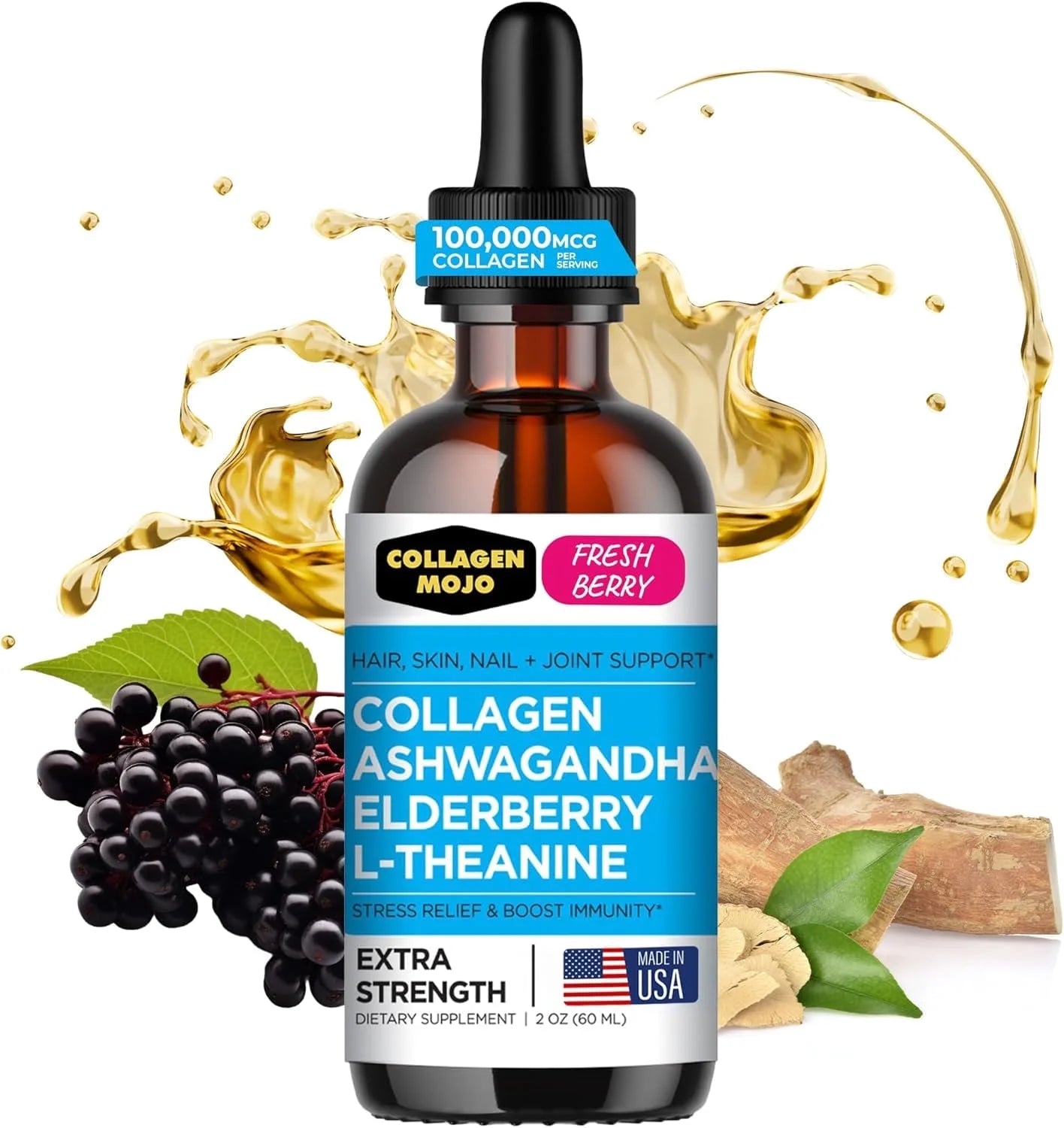 Liquid Collagen Peptides with Ashwagandha, Elderberry & L-Theanine. High Potency and Absorption Formula. Hair, Skin, Nail + Joint Support. Stress Relief & Immunity Booster – - 2 Oz.
