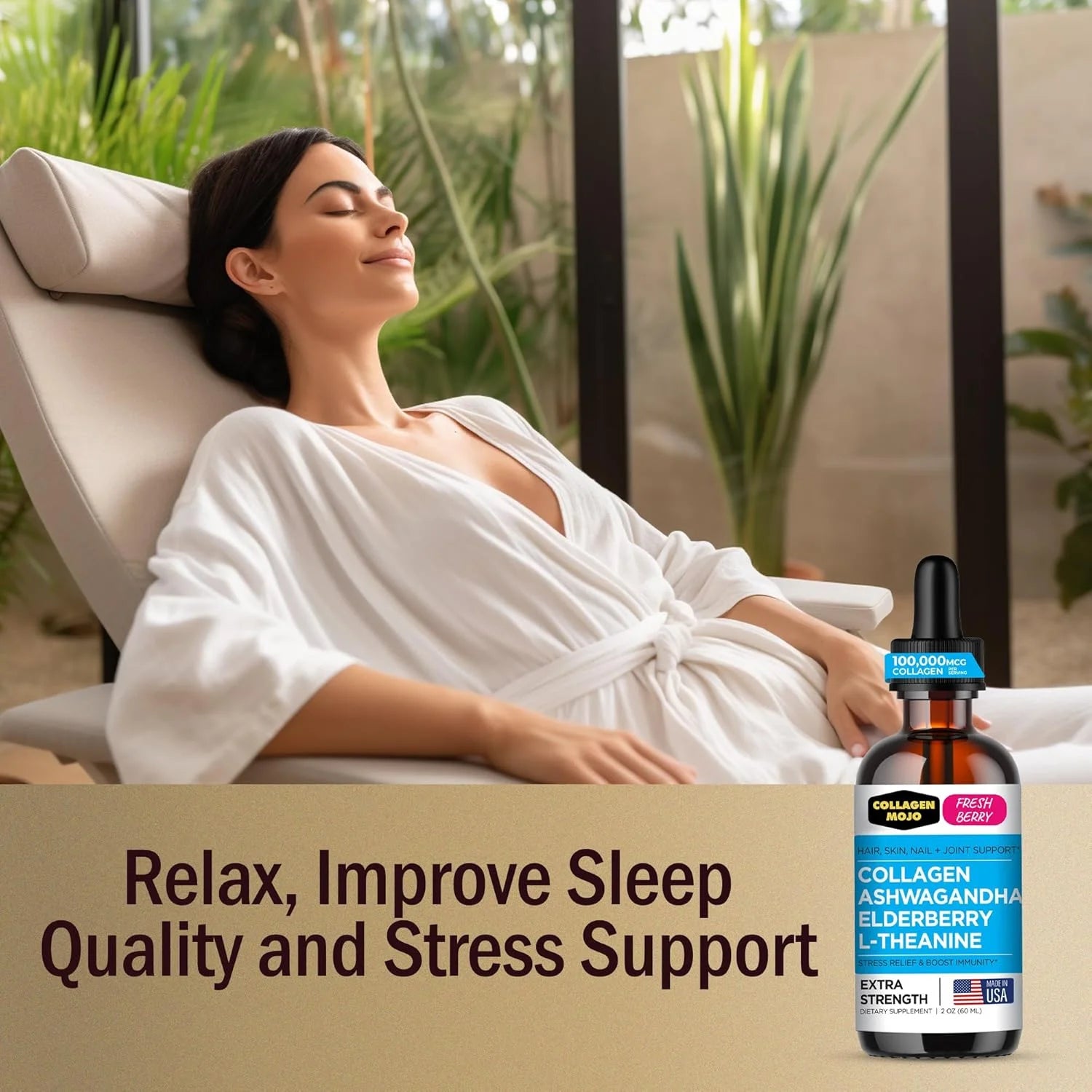 Liquid Collagen Peptides with Ashwagandha, Elderberry & L-Theanine. High Potency and Absorption Formula. Hair, Skin, Nail + Joint Support. Stress Relief & Immunity Booster –  - 2 Oz.