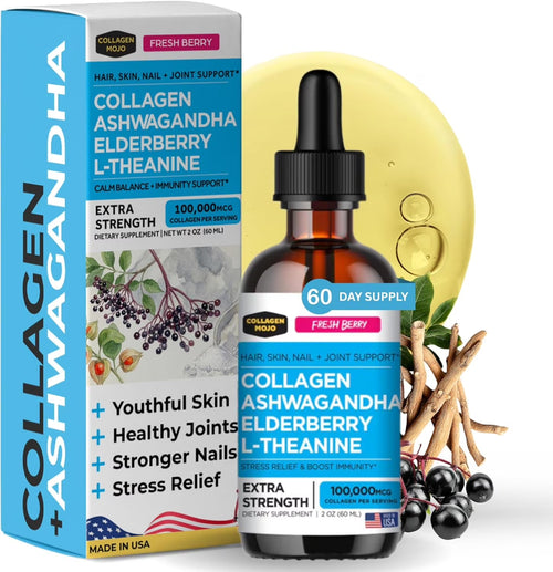 Liquid Collagen Peptides with Ashwagandha, Elderberry & L-Theanine. High Potency and Absorption Formula. Hair, Skin, Nail + Joint Support. Stress Relief & Immunity Booster –  - 2 Oz.