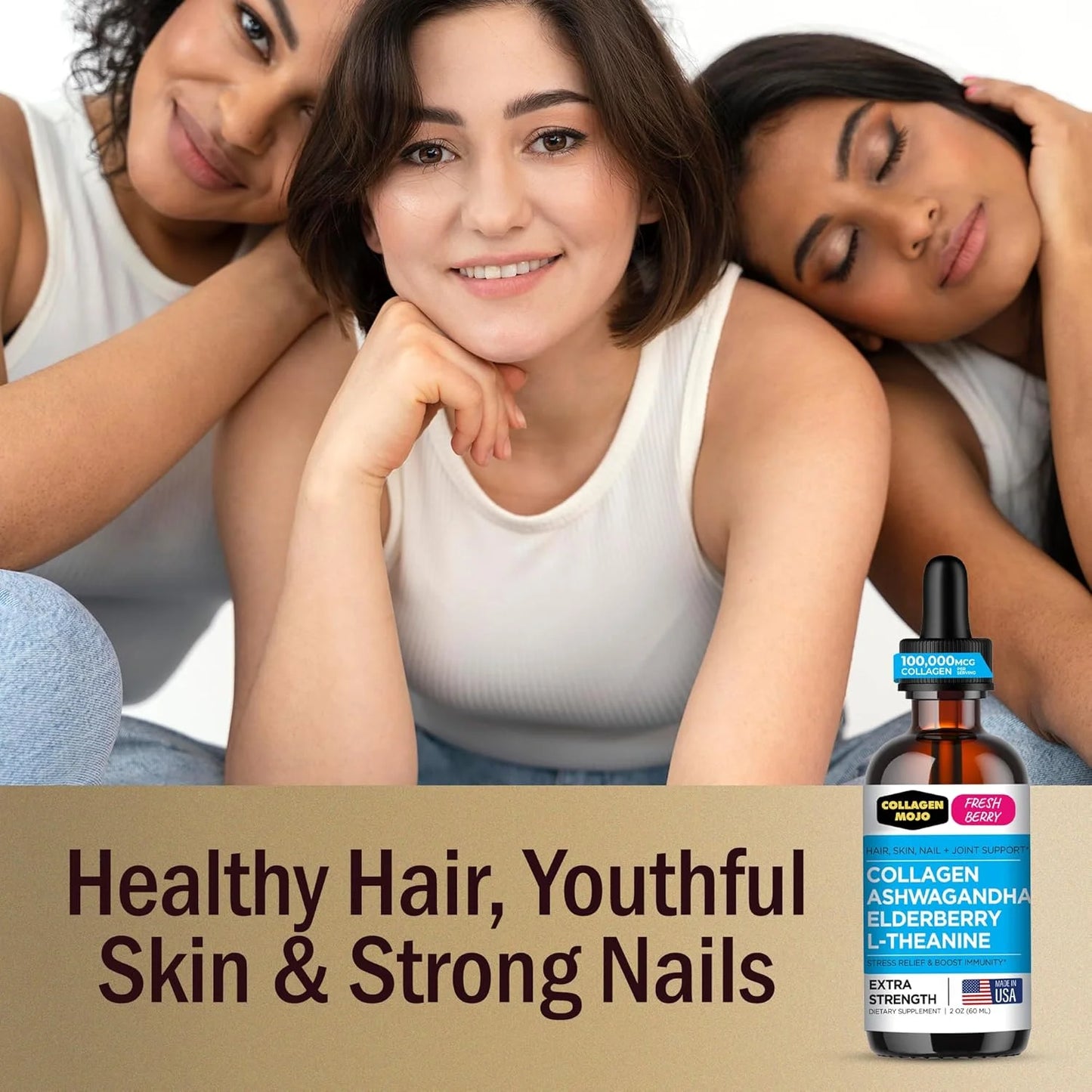 Liquid Collagen Peptides with Ashwagandha, Elderberry & L-Theanine. High Potency and Absorption Formula. Hair, Skin, Nail + Joint Support. Stress Relief & Immunity Booster –  - 2 Oz.