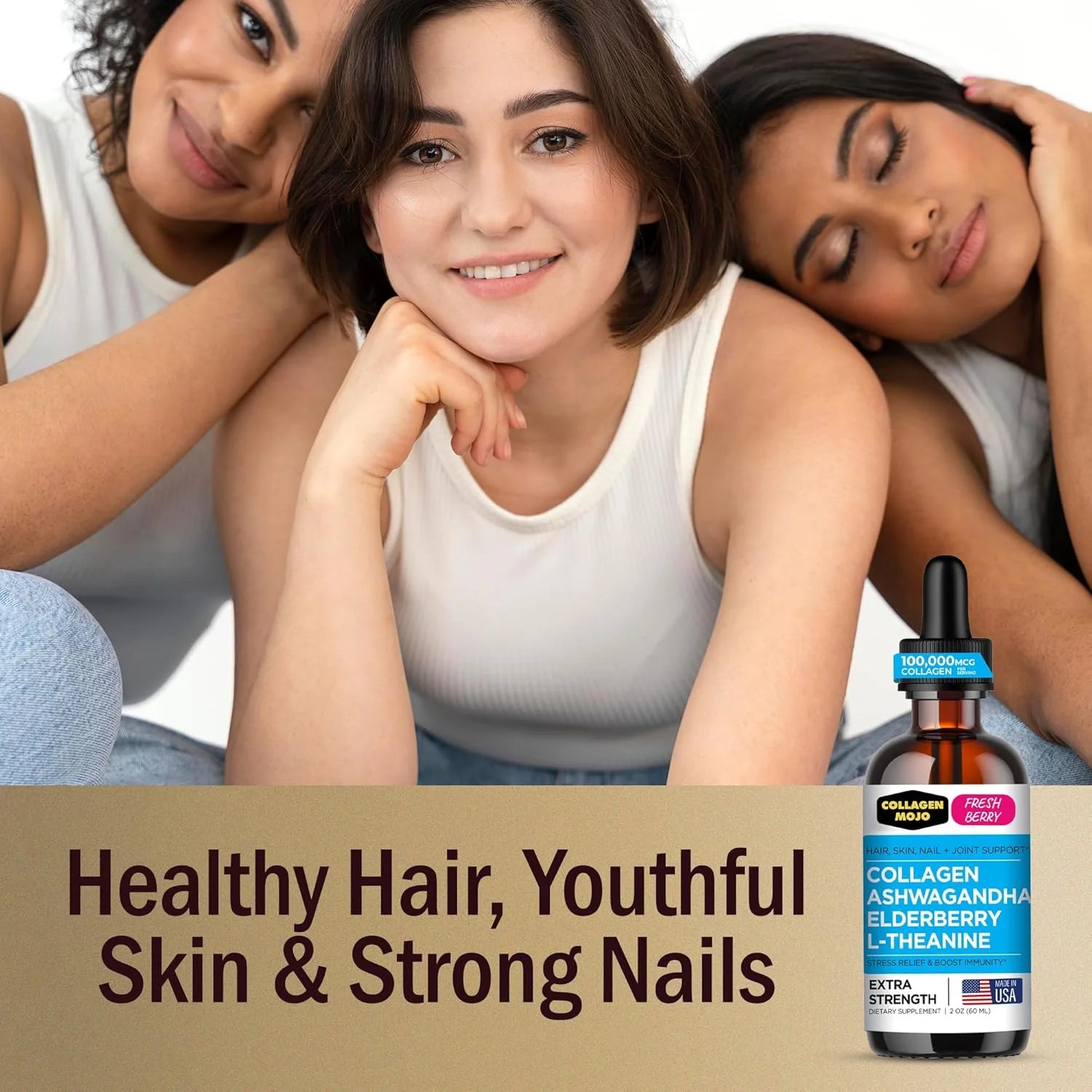 Liquid Collagen Peptides with Ashwagandha, Elderberry & L-Theanine. High Potency and Absorption Formula. Hair, Skin, Nail + Joint Support. Stress Relief & Immunity Booster –  - 2 Oz.
