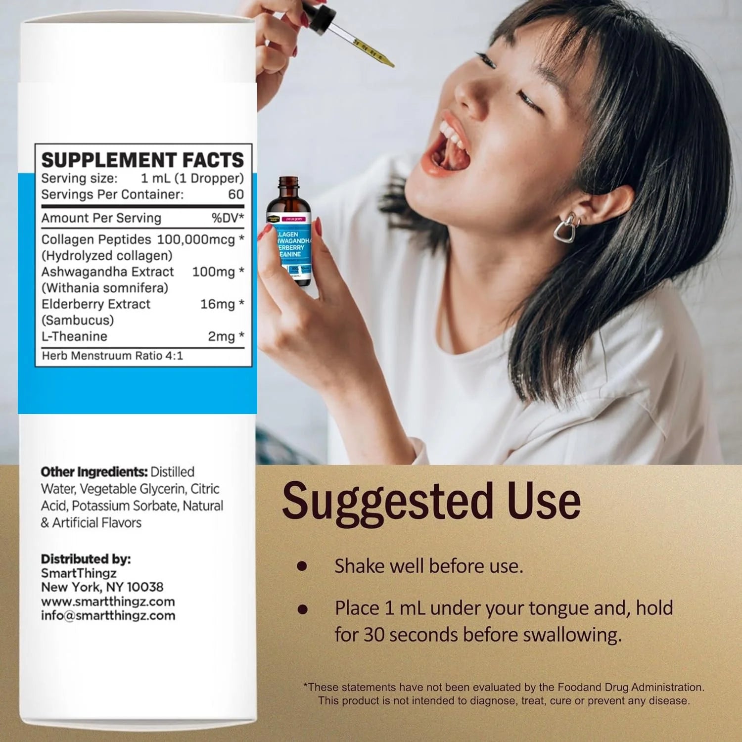 Liquid Collagen Peptides with Ashwagandha, Elderberry & L-Theanine. High Potency and Absorption Formula. Hair, Skin, Nail + Joint Support. Stress Relief & Immunity Booster –  - 2 Oz.