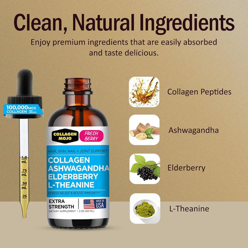 Liquid Collagen Peptides with Ashwagandha, Elderberry & L-Theanine. High Potency and Absorption Formula. Hair, Skin, Nail + Joint Support. Stress Relief & Immunity Booster –  - 2 Oz.