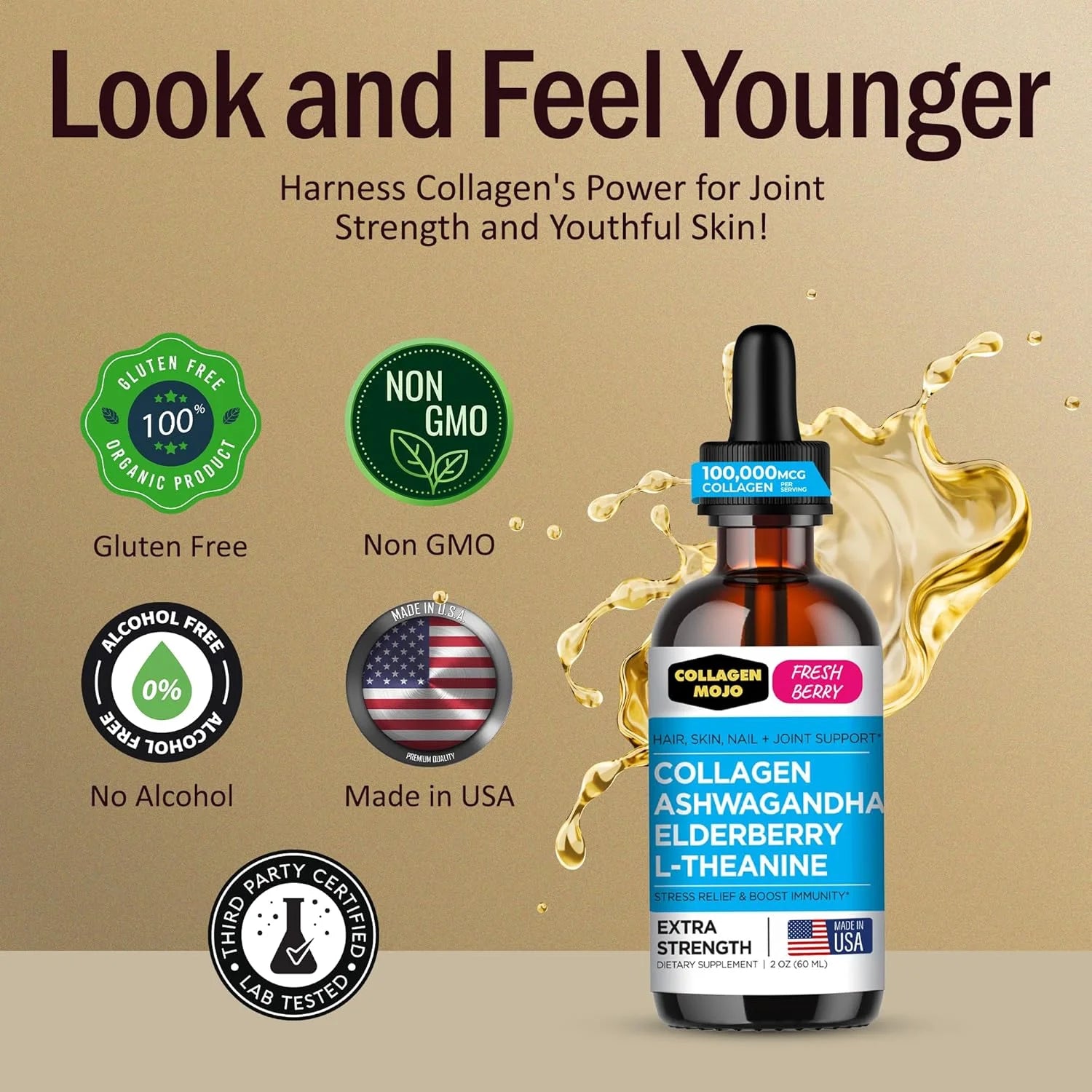 Liquid Collagen Peptides with Ashwagandha, Elderberry & L-Theanine. High Potency and Absorption Formula. Hair, Skin, Nail + Joint Support. Stress Relief & Immunity Booster –  - 2 Oz.